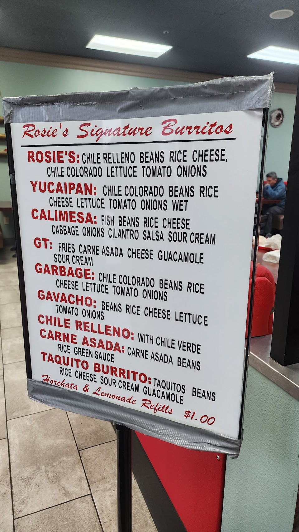 Close-up of menu pages and food choices.
