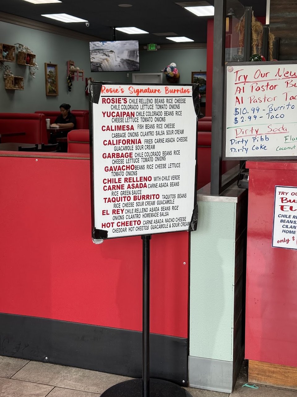 Restaurant menu showing breakfast, lunch, and dinner.